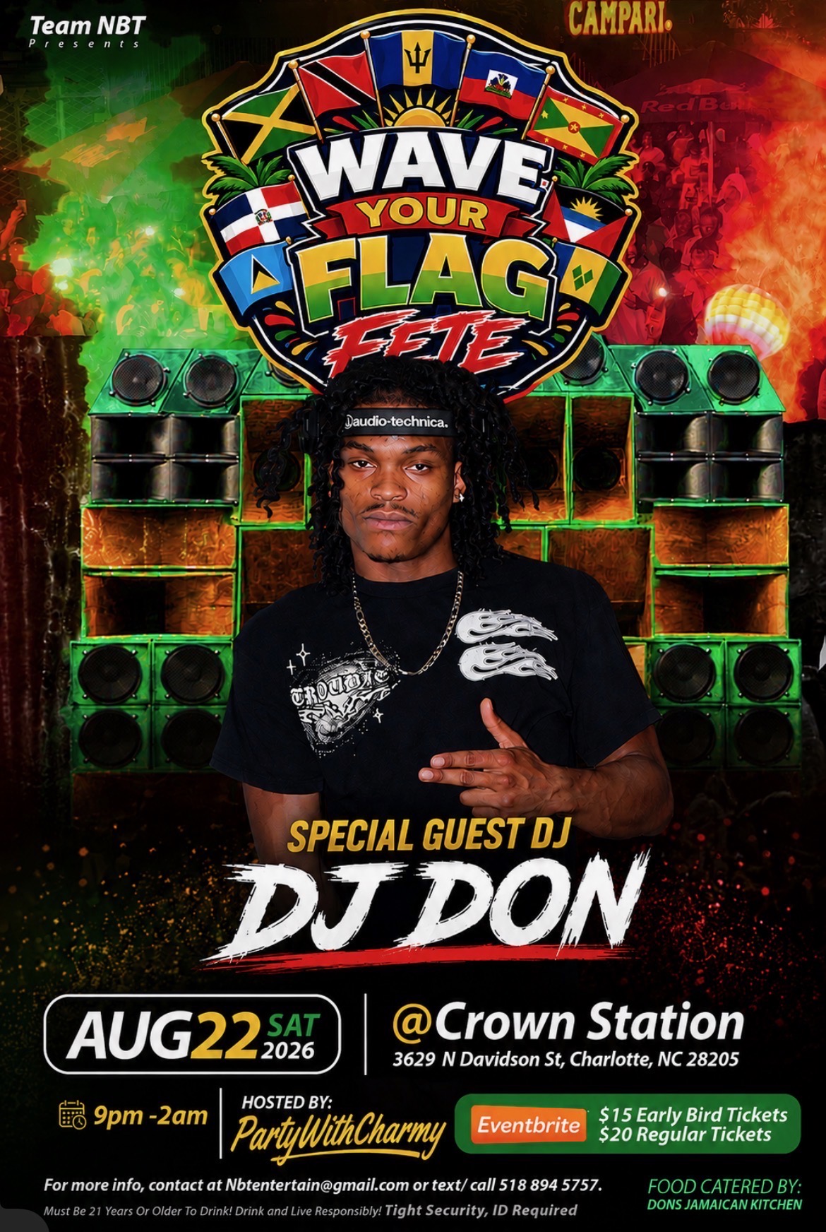 Wave Your Flag Fete flyer: Saturday August 22, 2026, 9 PM to 2 AM at Crown Station, 3629 N Davidson St, Charlotte NC — Caribbean fete with DJ Josiah, DJ Kee, DJ Jahmaka and special guest DJ Don.