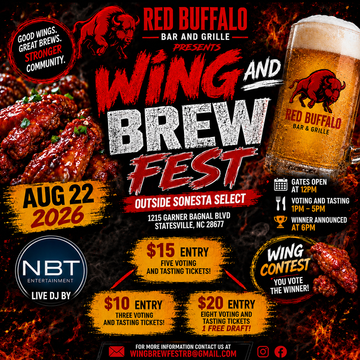 Wing and Brew Fest flyer: Saturday August 22, 2026 outside Sonesta Select, 1215 Garner Bagnal Blvd, Statesville NC — wing contest presented by Red Buffalo Bar and Grille with live DJ by NBT Entertainment.